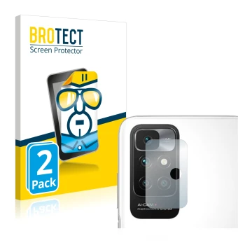 Parte frontal de un envase de producto con el logotipo de la marca BROTECT. Al lado se muestra el dispositivo Xiaomi Redmi 10 