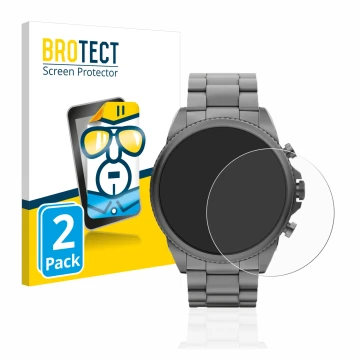 Parte frontal de un envase de producto con el logotipo de la marca BROTECT. Al lado se muestra el dispositivo Fossil Gen 6 (44