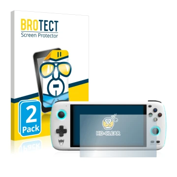 Parte frontal de un envase de producto con el logotipo de la marca BROTECT. Al lado se muestra el dispositivo AYN Odin con su 