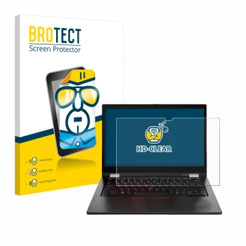 Parte frontal de un envase de producto con el logotipo de la marca BROTECT. Al lado se muestra el dispositivo Lenovo ThinkPad 