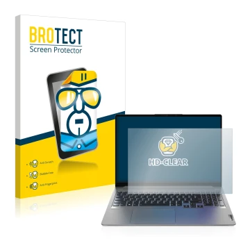 Parte frontal de un envase de producto con el logotipo de la marca BROTECT. Al lado se muestra el dispositivo Lenovo IdeaPad 5