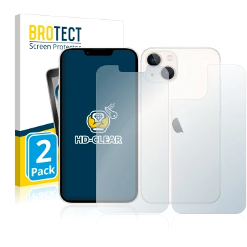 Parte frontal de un envase de producto con el logotipo de la marca BROTECT. Al lado se muestra el dispositivo Apple iPhone 13 