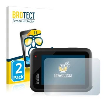Parte frontal de un envase de producto con el logotipo de la marca BROTECT. Al lado se muestra el dispositivo GoPro Hero 10 Bl