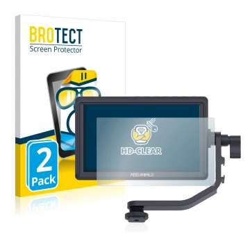 Parte frontal de un envase de producto con el logotipo de la marca BROTECT. Al lado se muestra el dispositivo Feelworld FW568 