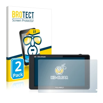 Parte frontal de un envase de producto con el logotipo de la marca BROTECT. Al lado se muestra el dispositivo Feelworld LUT6S 