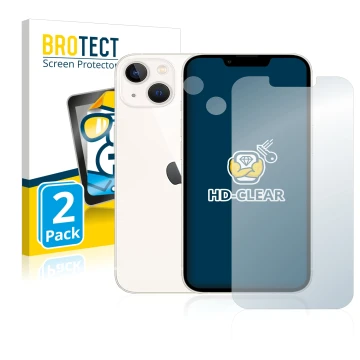 Parte frontal de un envase de producto con el logotipo de la marca BROTECT. Al lado se muestra el dispositivo Apple iPhone 13 