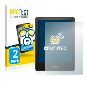 Parte frontal de un envase de producto con el logotipo de la marca BROTECT. Al lado se muestra el dispositivo Amazon Kindle Pa