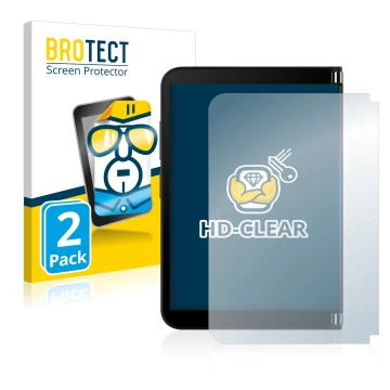 Parte frontal de un envase de producto con el logotipo de la marca BROTECT. Al lado se muestra el dispositivo Microsoft Surfac