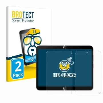 Parte frontal de un envase de producto con el logotipo de la marca BROTECT. Al lado se muestra el dispositivo Microsoft Surfac