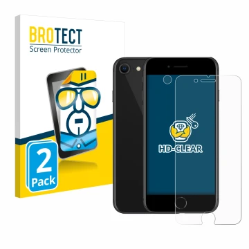 Parte frontal de un envase de producto con el logotipo de la marca BROTECT. Al lado se muestra el dispositivo Apple iPhone SE 