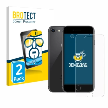 Parte frontal de un envase de producto con el logotipo de la marca BROTECT. Al lado se muestra el dispositivo Apple iPhone 8 (