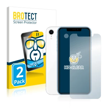 Parte frontal de un envase de producto con el logotipo de la marca BROTECT. Al lado se muestra el dispositivo Apple iPhone XR 