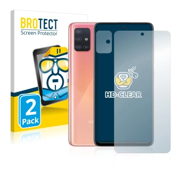 Parte frontal de un envase de producto con el logotipo de la marca BROTECT. Al lado se muestra el dispositivo Samsung Galaxy A