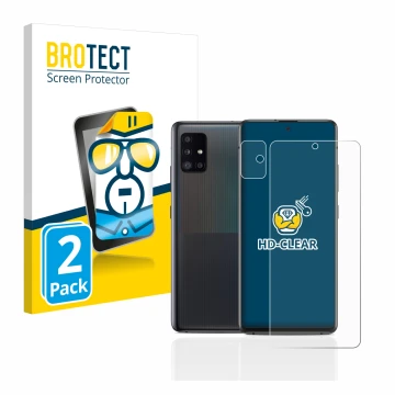 Parte frontal de un envase de producto con el logotipo de la marca BROTECT. Al lado se muestra el dispositivo Samsung Galaxy A