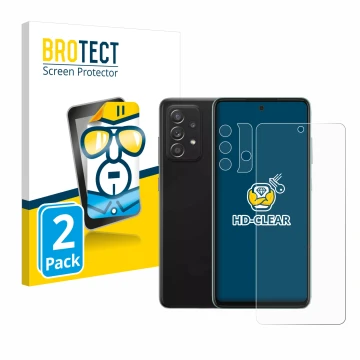 Parte frontal de un envase de producto con el logotipo de la marca BROTECT. Al lado se muestra el dispositivo Samsung Galaxy A