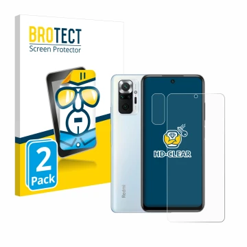 Parte frontal de un envase de producto con el logotipo de la marca BROTECT. Al lado se muestra el dispositivo Xiaomi Redmi Not