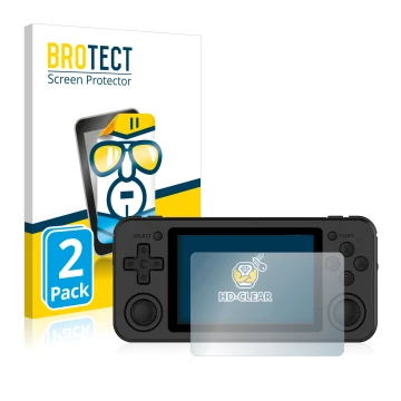 Parte frontal de un envase de producto con el logotipo de la marca BROTECT. Al lado se muestra el dispositivo Anbernic RG351P 