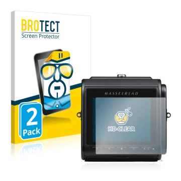 Parte frontal de un envase de producto con el logotipo de la marca BROTECT. Al lado se muestra el dispositivo Hasselblad 907X 