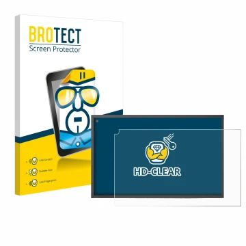 Parte frontal de un envase de producto con el logotipo de la marca BROTECT. Al lado se muestra el dispositivo Amazon Echo Show