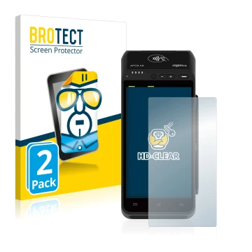 Parte frontal de un envase de producto con el logotipo de la marca BROTECT. Al lado se muestra el dispositivo ingenico Apos A8