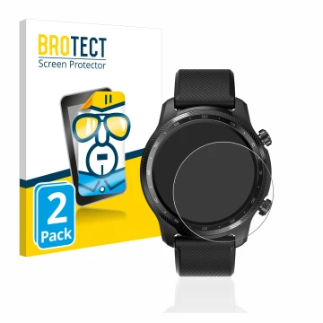 Parte frontal de un envase de producto con el logotipo de la marca BROTECT. Al lado se muestra el dispositivo Mobvoi Ticwatch 