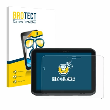 Parte frontal de un envase de producto con el logotipo de la marca BROTECT. Al lado se muestra el dispositivo Zebra ET80 con s