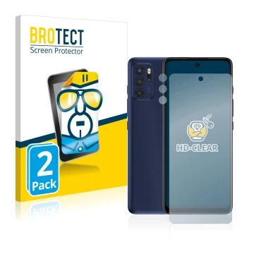 Parte frontal de un envase de producto con el logotipo de la marca BROTECT. Al lado se muestra el dispositivo Motorola Moto G6
