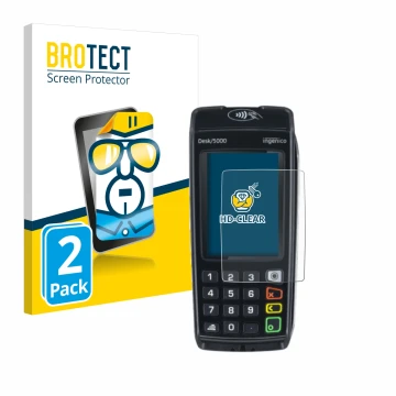 Parte frontal de un envase de producto con el logotipo de la marca BROTECT. Al lado se muestra el dispositivo ingenico Desk/50