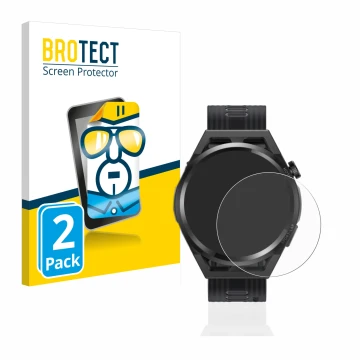 Parte frontal de un envase de producto con el logotipo de la marca BROTECT. Al lado se muestra el dispositivo Huawei Watch GT 