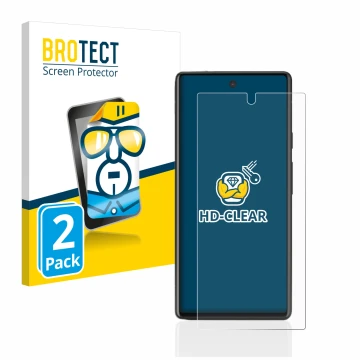 Parte frontal de un envase de producto con el logotipo de la marca BROTECT. Al lado se muestra el dispositivo Google Pixel 6a 