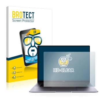 Parte frontal de un envase de producto con el logotipo de la marca BROTECT. Al lado se muestra el dispositivo Huawei MateBook 