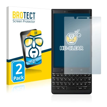 Parte frontal de un envase de producto con el logotipo de la marca BROTECT. Al lado se muestra el dispositivo BlackBerry Key2 