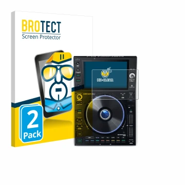 Parte frontal de un envase de producto con el logotipo de la marca BROTECT. Al lado se muestra el dispositivo Denon DJ SC6000 