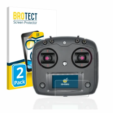 Parte frontal de un envase de producto con el logotipo de la marca BROTECT. Al lado se muestra el dispositivo FlySky FS-i6S co