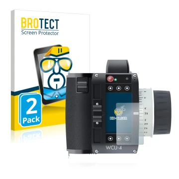 Parte frontal de un envase de producto con el logotipo de la marca BROTECT. Al lado se muestra el dispositivo Arri WCU-4 con s