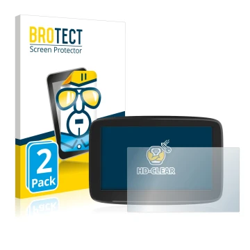 Parte frontal de un envase de producto con el logotipo de la marca BROTECT. Al lado se muestra el dispositivo TomTom GO Classi