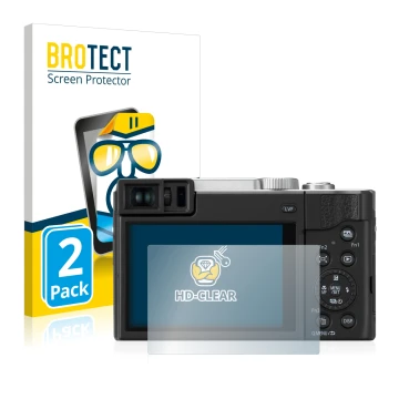 Parte frontal de un envase de producto con el logotipo de la marca BROTECT. Al lado se muestra el dispositivo Panasonic Lumix 