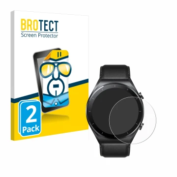 Parte frontal de un envase de producto con el logotipo de la marca BROTECT. Al lado se muestra el dispositivo Xiaomi Watch S1 