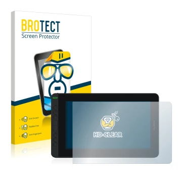 Parte frontal de un envase de producto con el logotipo de la marca BROTECT. Al lado se muestra el dispositivo Huion Kamvas 12 