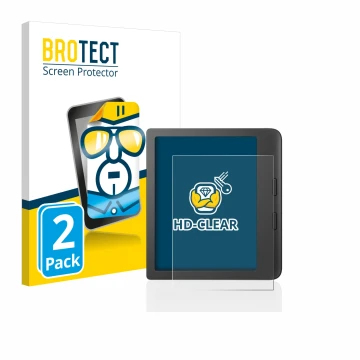 Parte frontal de un envase de producto con el logotipo de la marca BROTECT. Al lado se muestra el dispositivo Tolino Vision 6 