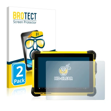 Parte frontal de un envase de producto con el logotipo de la marca BROTECT. Al lado se muestra el dispositivo Trimble T10 con 