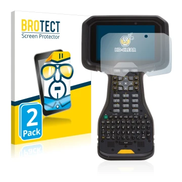 Parte frontal de un envase de producto con el logotipo de la marca BROTECT. Al lado se muestra el dispositivo Trimble TSC5 con