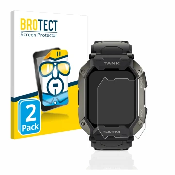 Parte frontal de un envase de producto con el logotipo de la marca BROTECT. Al lado se muestra el dispositivo Kospet Tank M1 c