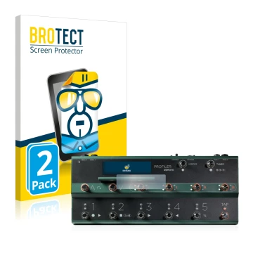 Parte frontal de un envase de producto con el logotipo de la marca BROTECT. Al lado se muestra el dispositivo Kemper Profiler 