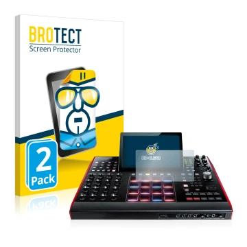 Parte frontal de un envase de producto con el logotipo de la marca BROTECT. Al lado se muestra el dispositivo Akai MPC X 10.1