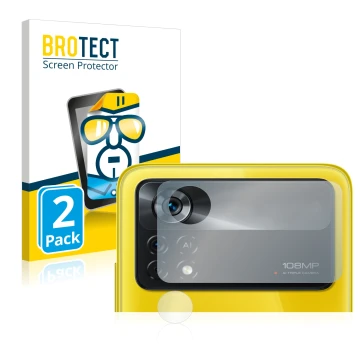 Parte frontal de un envase de producto con el logotipo de la marca BROTECT. Al lado se muestra el dispositivo Xiaomi Poco X4 P