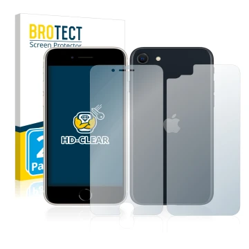 Parte frontal de un envase de producto con el logotipo de la marca BROTECT. Al lado se muestra el dispositivo Apple iPhone SE 