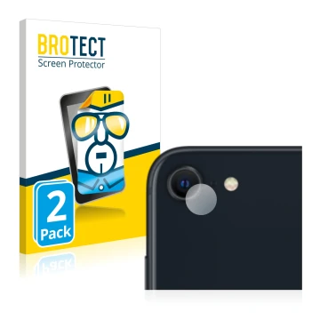 Parte frontal de un envase de producto con el logotipo de la marca BROTECT. Al lado se muestra el dispositivo Apple iPhone SE 