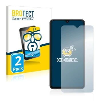 Parte frontal de un envase de producto con el logotipo de la marca BROTECT. Al lado se muestra el dispositivo Samsung Galaxy A