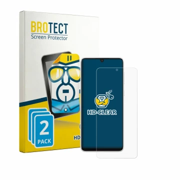 Parte frontal de un envase de producto con el logotipo de la marca BROTECT. Al lado se muestra el dispositivo Samsung Galaxy A